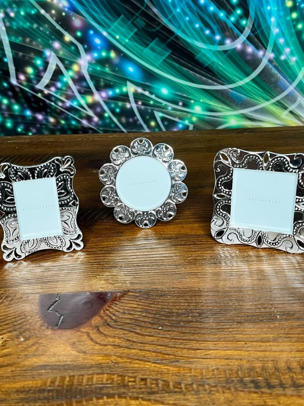 Pottery Barn Mini Silver Picture Frames Trio New In Box Set of 3 Easel Back